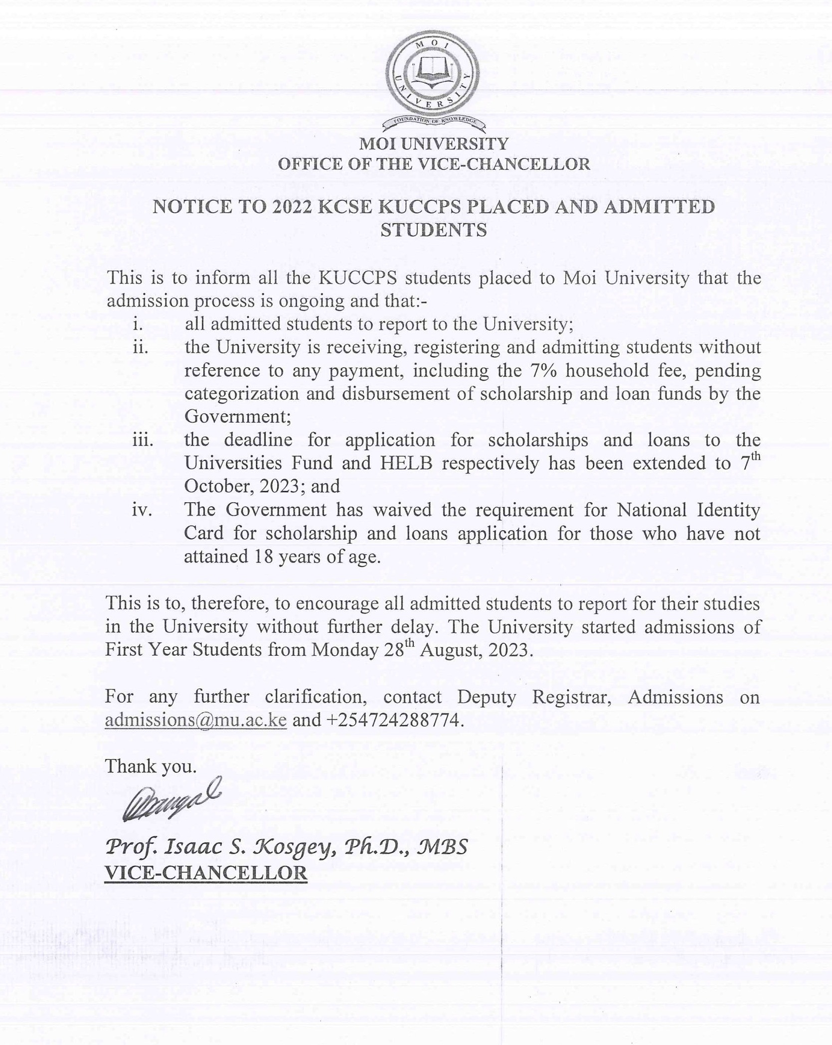 notice to 2022 KCSE KUCCPS